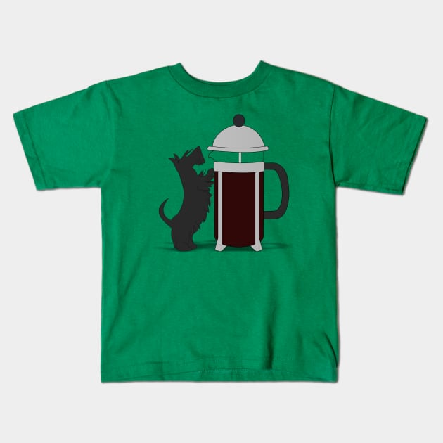 Scottish terrier leaning against a French press Kids T-Shirt by kourai